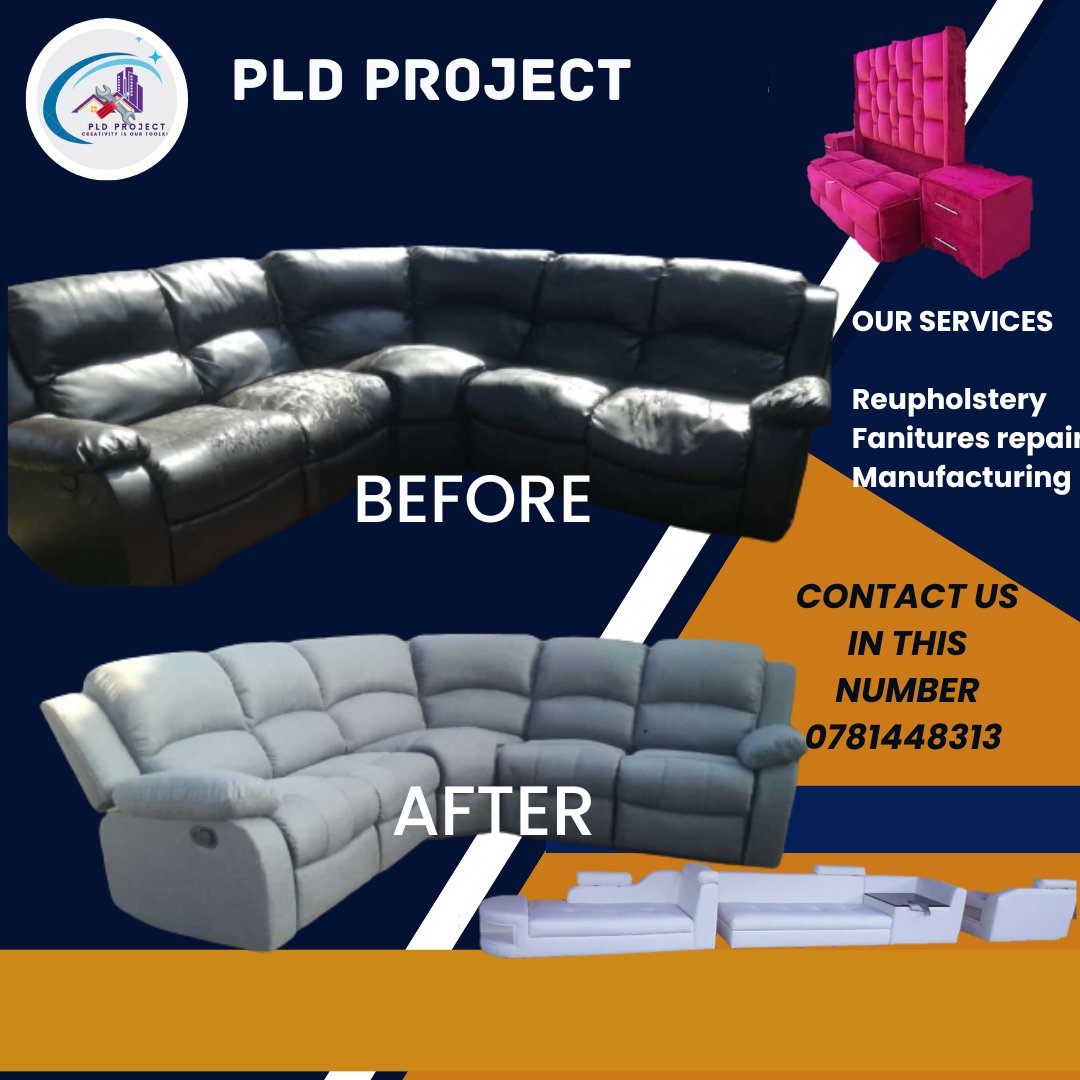 We offer the best and affordable price in reupholstery and Funiture's repair contact us and refurbish your couches , sleeper couch, chairs and other with an original material of your choice. We collect and deliver.
Call or WhatsApp us in this number 078 144 8313