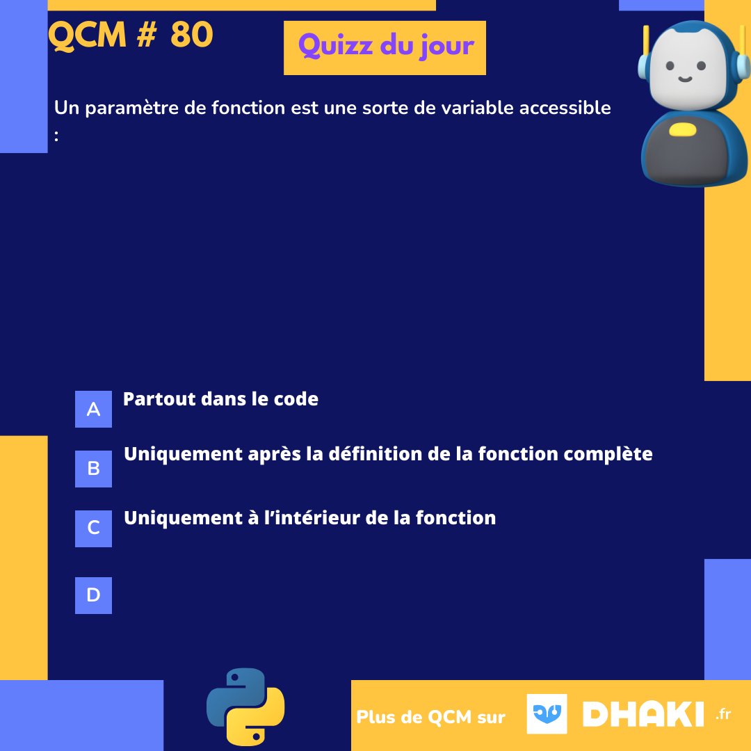 Python_QCM's tweet image. "Testez vos compétences en Python ! Devinez la sortie de ce code en commentaire !"
