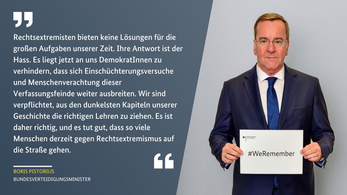 Der Tag des Gedenkens an die Opfer des Nationalsozialismus ist eine Mahnung: Fremdenfeindlichkeit, Antisemitismus, Extremismus haben bei uns nichts verloren, nicht in unserer Gesellschaft, nicht in der #Bundeswehr. Nirgendwo.
#WeRemember