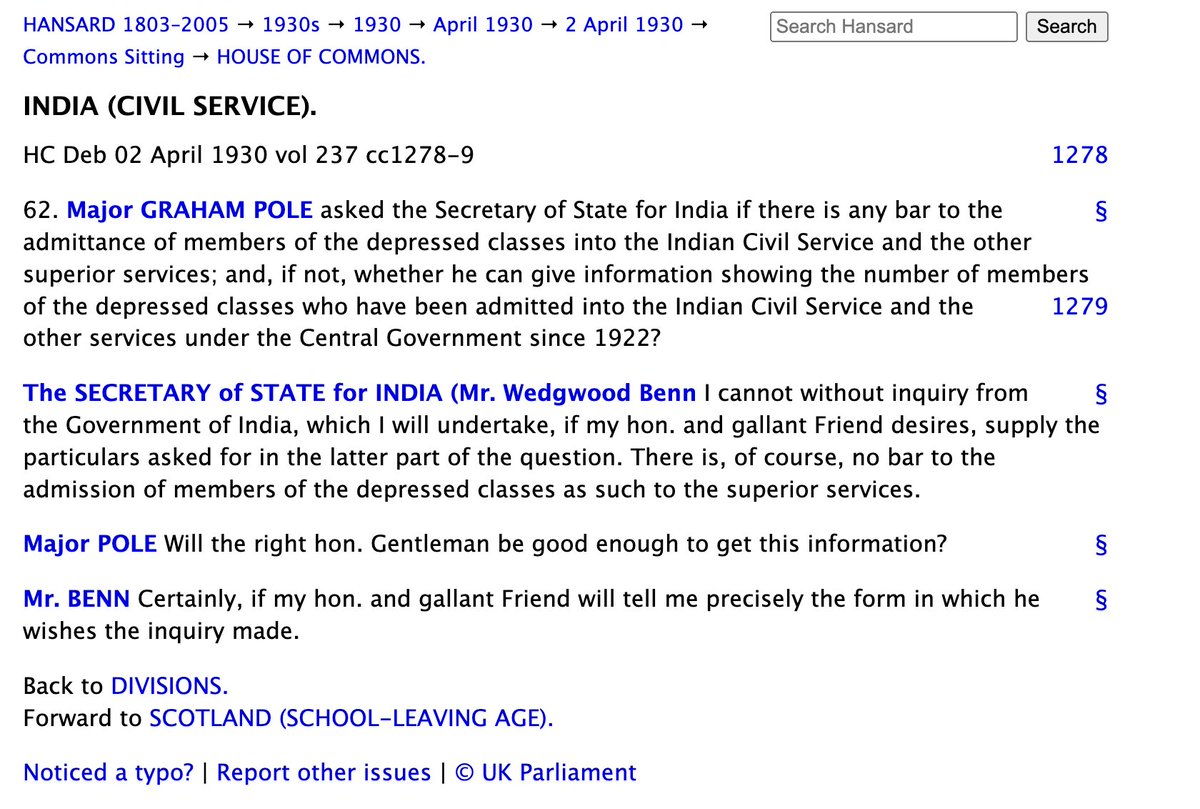 nethrapal's tweet photo. 1930's UK Parliament debates show how a parliament member questioned the secretary of state for India on whether there is any bar to the admittance of members of the depressed classes (SC/ST) into the Indian Civil Service and the other superior services. 

Now the question is: what prompted Major Graham Pole to ask this?

It was during this period that Ambedkar's popularity reached its zenith. 

The New York Times covered him, and he was receiving much more media attention than Mr.Gandhi. 

It was Ambedkar who probably influenced Major Graham Pole to ask this question in Parliament.

#Ambedkar