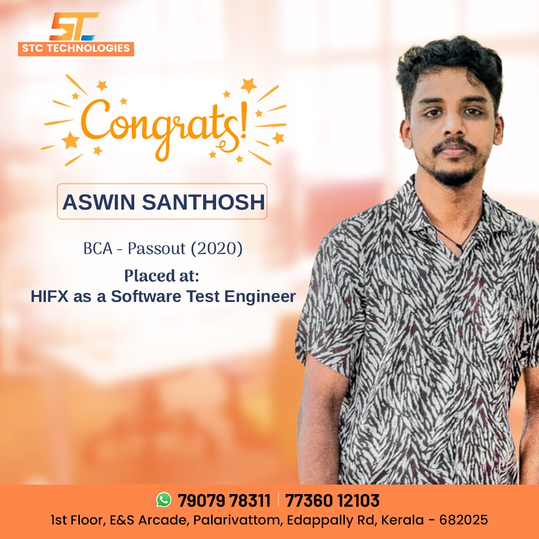 TechnologiesStc's tweet image. Another success story unfolds at STC!  Aswin Santhosh has secured new heights after completing the Software Testing course with us. Selected at HIFX as a Software Test Engineer! 🎓📷 
Contact us for a free consultation today 📷softwaretechnologyconsultants.com