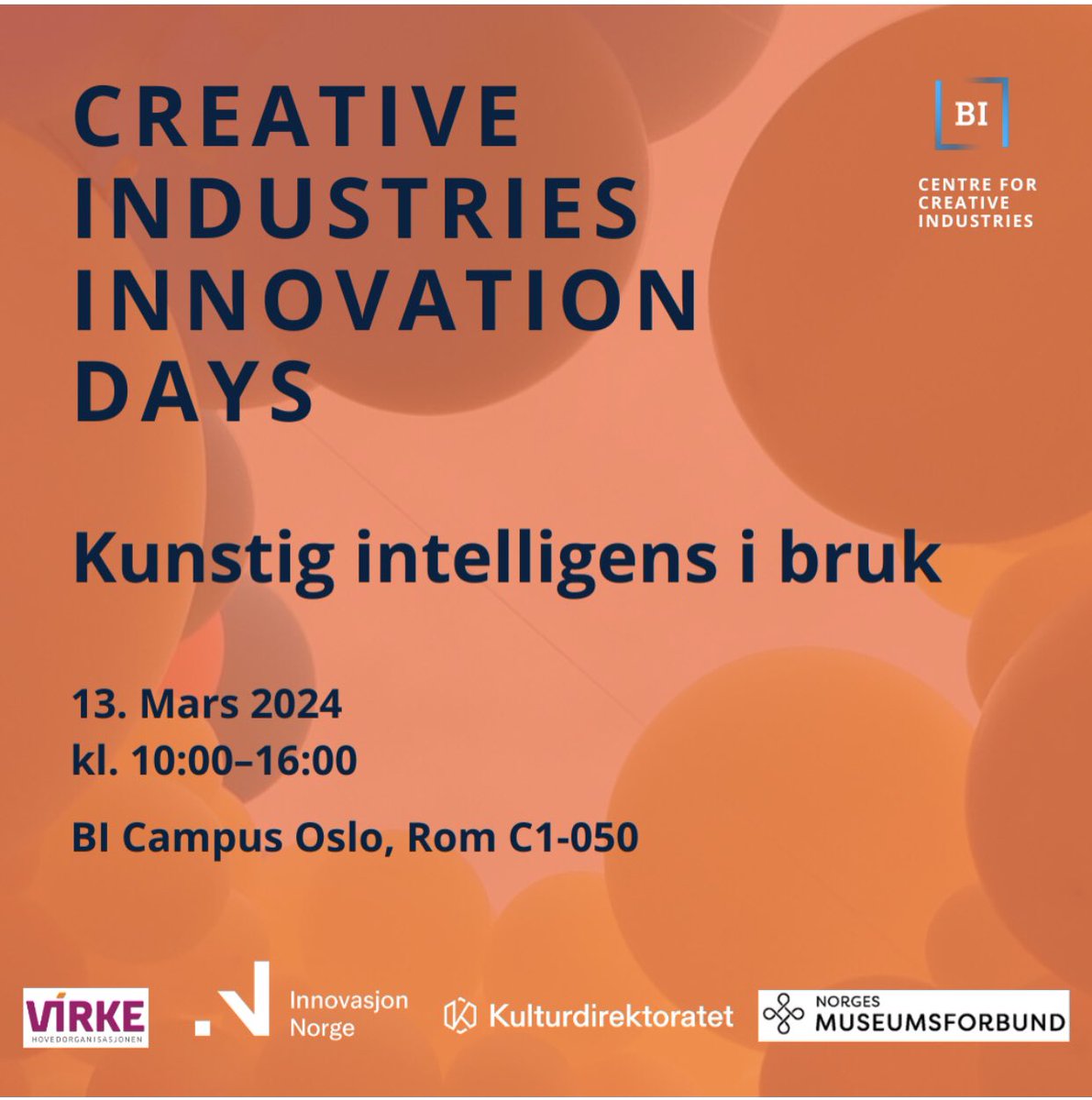 13. mars er dagen for årets konferanse Creative Industries Innovation Days, som i år handler om kunstig intelligens i kultursektoren. Påmelding nødvendig, gratis event: bi.no/om-bi/kalender…