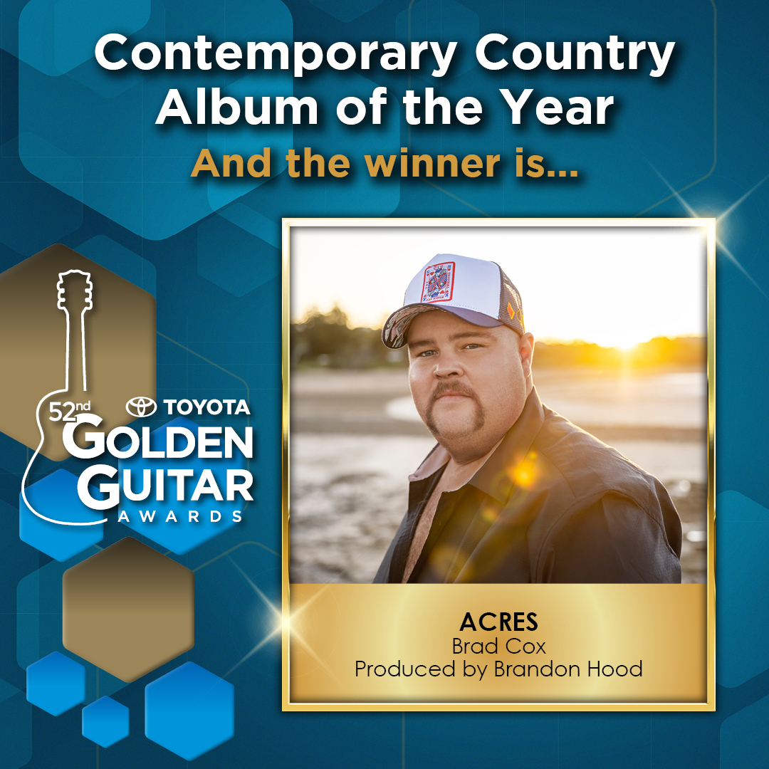 The winner of Contemporary Country Album of the Year is Brad Cox for “Acres”, produced by @Brandon Hood. #GoldenGuitars #TCMF2024