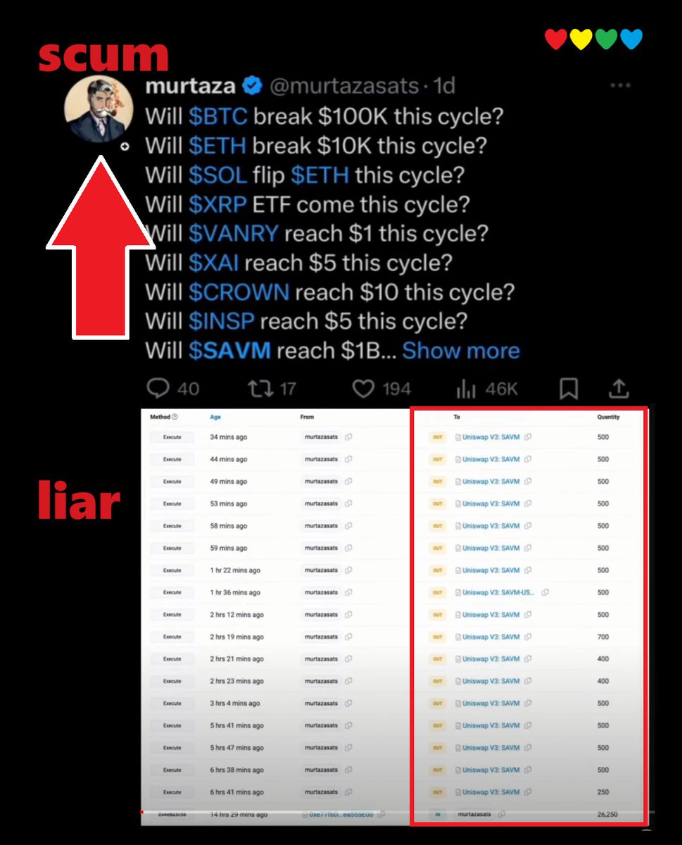 ❤💛💚💙

⚠️Beware of scum influencers:

They will manipulate and lie to us.

They tell us that their scam insider coin is going to $1B valuation, whilst they dump it at $50m.

It's time the people fight back at these grifters