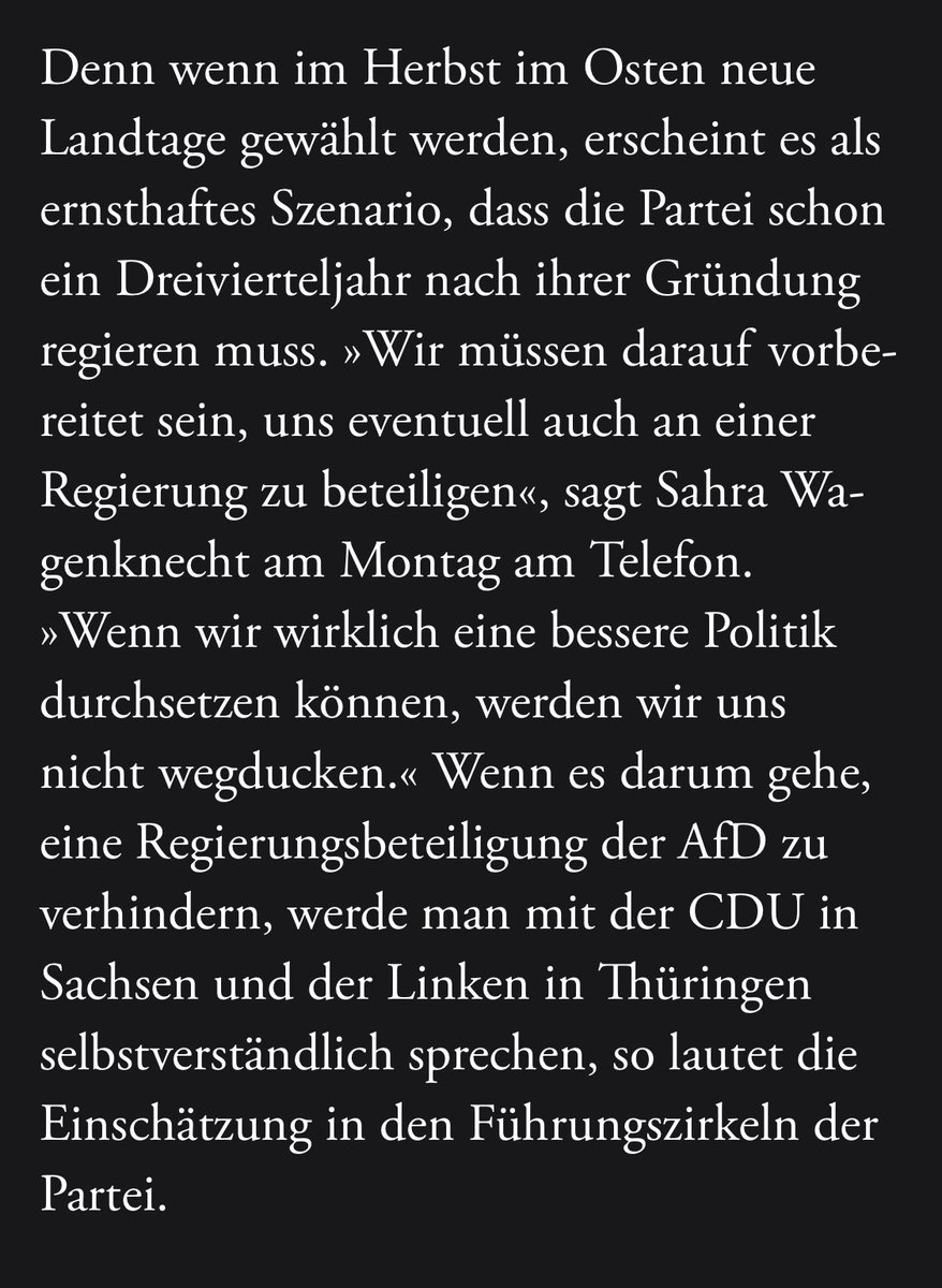 Jetzt beginnt der Parteitag von Sahra #Wagenknecht|s Bündnis. Und schon jetzt denkt die Namensgeberin übers Regieren nach. Nach 30 Jahren im Mindestabstand zur Macht. Was bedeutet das für sie uns für ihre Partei? Diese Woche @DIEZEIT