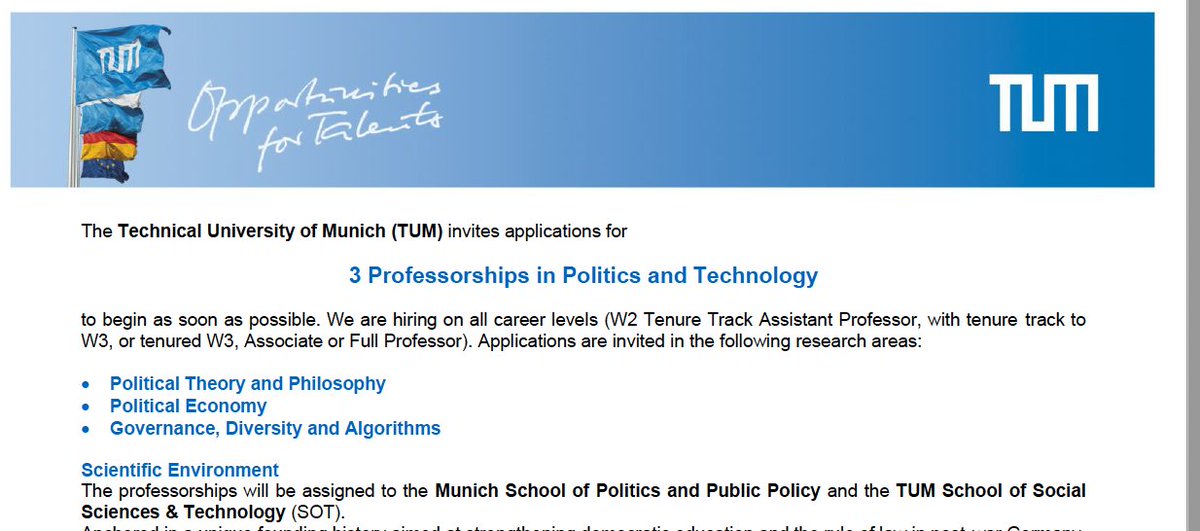 Hiring alert ‼️ 3 professorships in Politics & Technology. We continue to build our faculty at @HfPMuenchen and TUM School of Social Sciences and Technology @TU_Muenchen Please consider joining us. portal.mytum.de/jobs/professur…