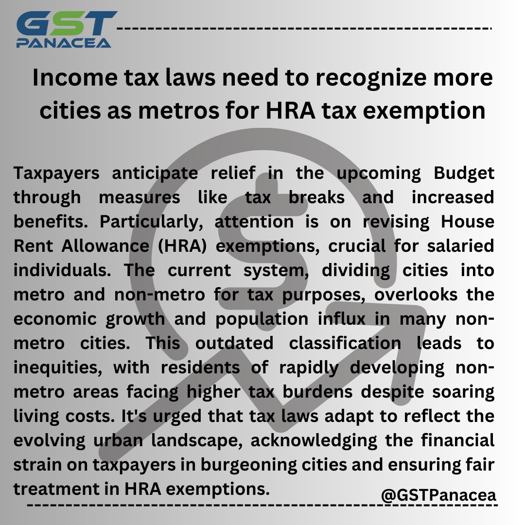 Income tax laws need to recognize more cities as metros for HRA tax exemption

 #IncomeTaxLaws #HRATaxExemption #MetroCities #TaxationLaws #TaxExemption #UrbanTaxation