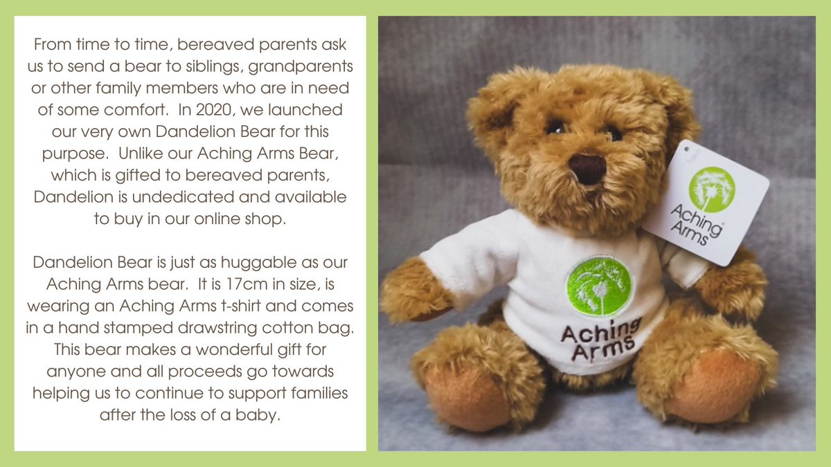 This bear makes a wonderful gift for anyone and all proceeds go towards helping us to continue to support families after the loss of a baby. You can buy our Dandelion bear here: achingarms.co.uk/shop/