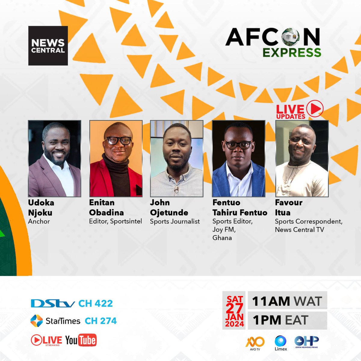 NewsCentralTV's tweet photo. Join us on #AfconExpress at 11 a.m. CAT as we bring you LIVE updates on #AFCON2023 .  

Stream on 👇🏿
Youtube: https://t.co/604RqbGUTs… 
FB: https://t.co/njTOiFxqUm
IG: https://t.co/4UiJrYqSAj…  

Also, on DSTV channel 422. https://t.co/R41Gpe48Uk