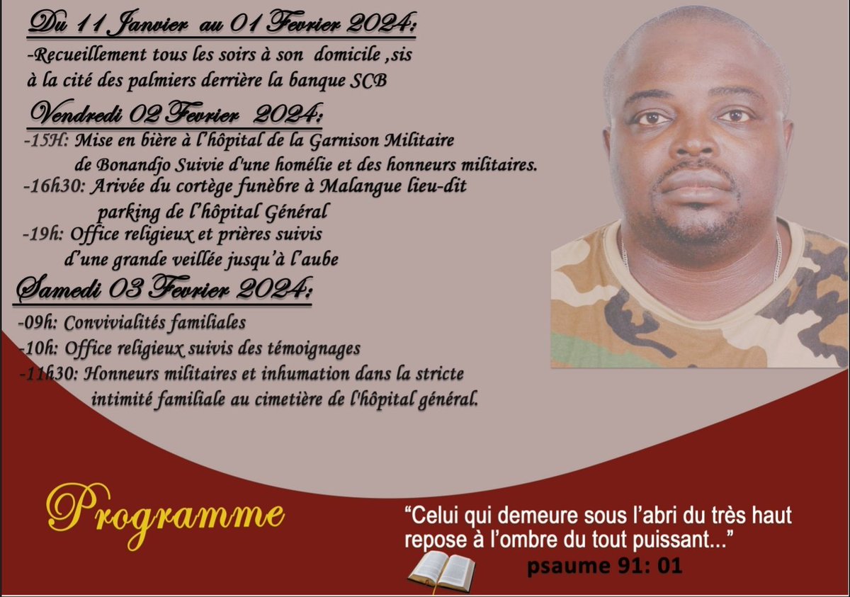 Ledawa's tweet photo. Bonjour #TT237 voici le programme des obsèques de BIYICK JOSEPH AURELLIEN @Juju_Kalabah. Du 02 au 03 février 2024.
Toute personne qui souhaite apporter une aide, bien vouloir me dm et je vous donne le numéro de son grand frère. Merci d'avance 🙏🏾
#RIPJOSEPH 🙏🏾❤️
#RT https://t.co/M4NoXsjtNP