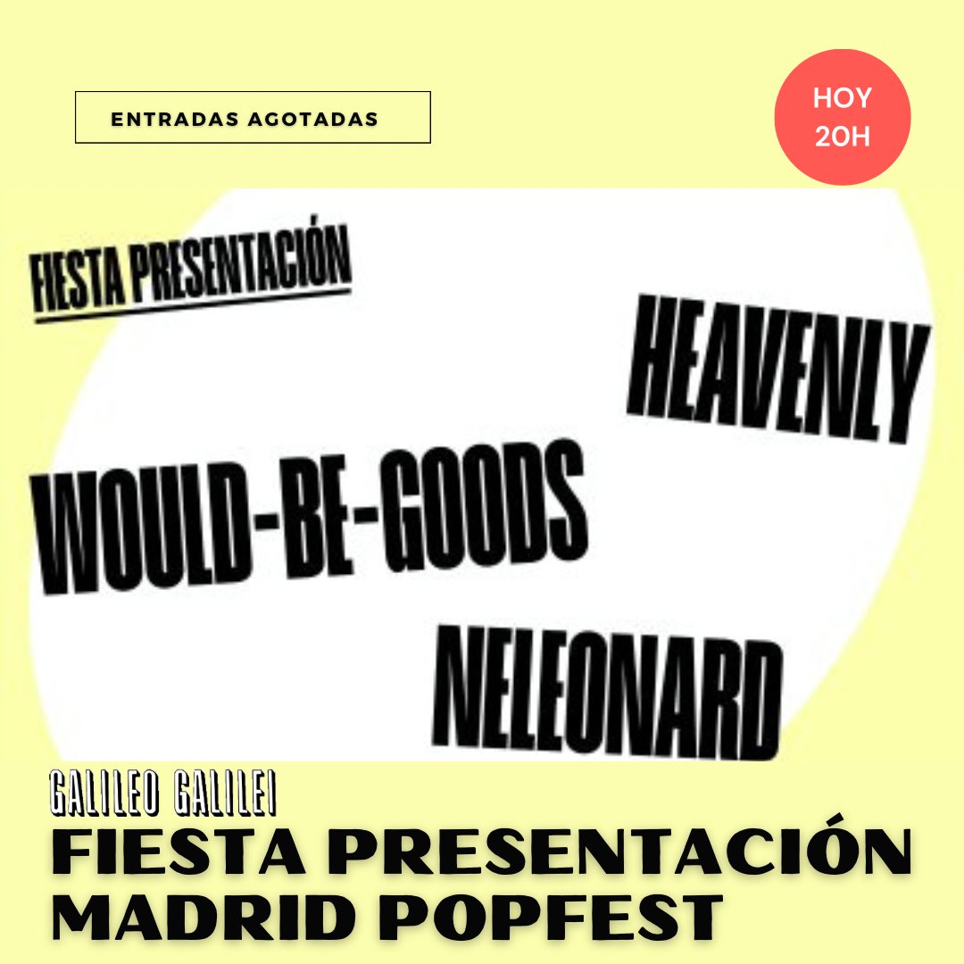 FIESTA PRESENTACIÓN MADRID POPFEST
🗓Hoy, 27 de enero 🕘20h
🎟 Entradas agotadas
➡️ Segunda fiesta de presentación del <a href="/madridpopfest/">Madrid Popfest</a> 2024. Hoy con WOULD-BE-GOODS a las 20:30 <a href="/Neleonard_band/">Neleonard</a> a las 21:30 y <a href="/HeavenlyIndie/">Heavenly</a> a las 22:30. Después Djs hasta las 5:30.