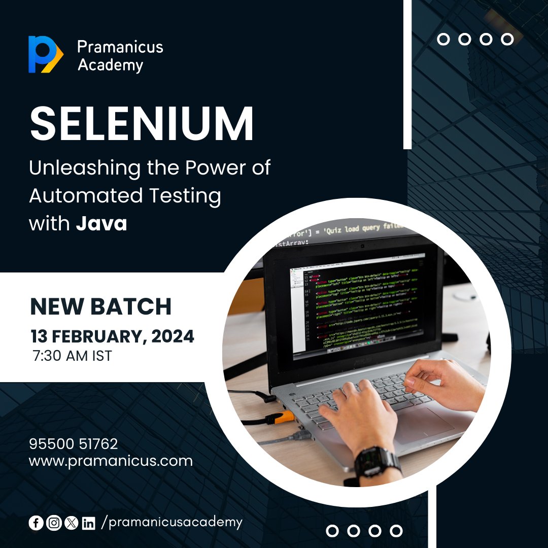 '🚀 Elevate your testing game with Pramanicus! 🌐 Join our Selenium Automation Testing with Java batch starting on Feb 13th at 7:30 AM. 🕒 Unleash the power of automated testing and boost your career! 💻🔧 Don't miss out on this opportunity! #SeleniumTesting #Java #Automation'