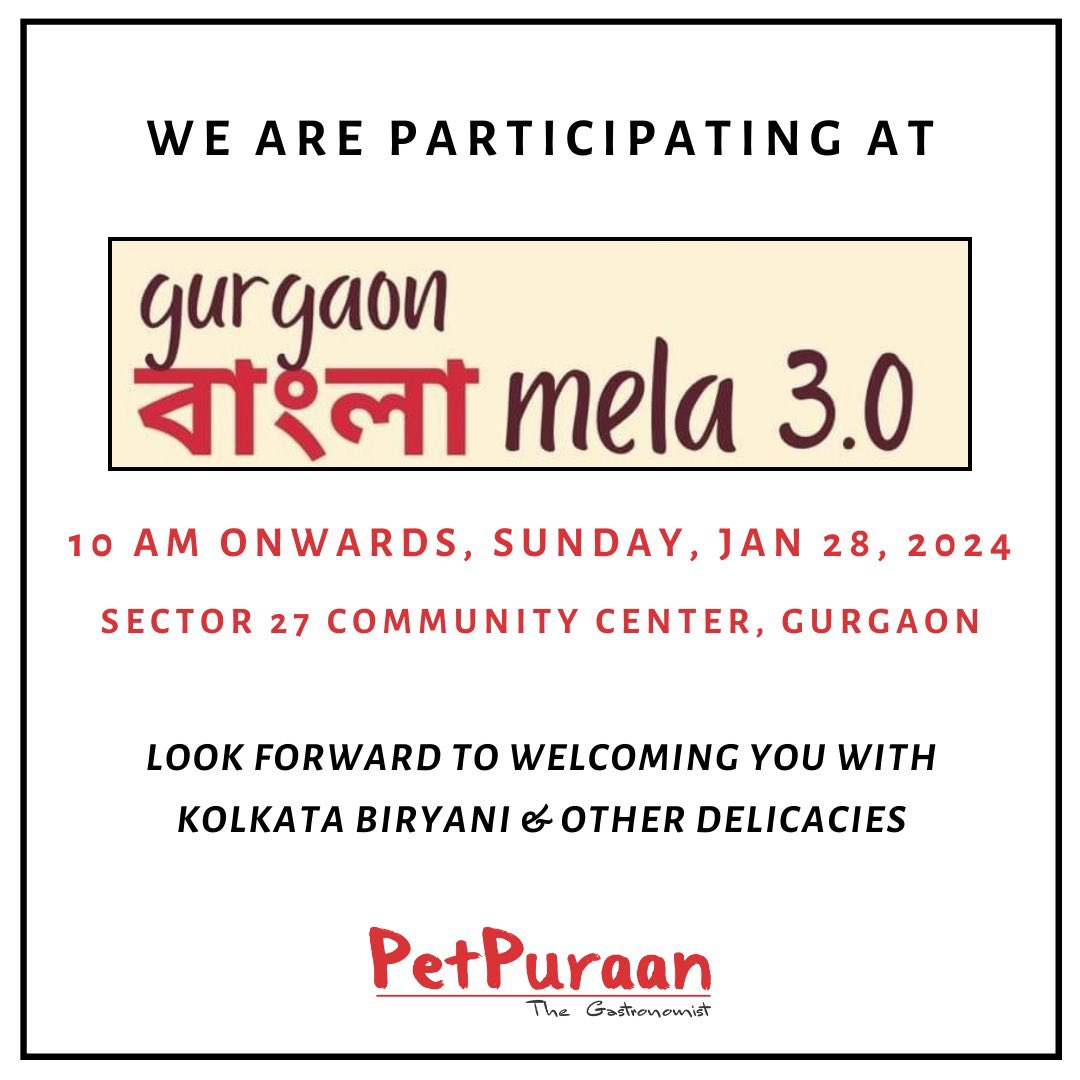 Join us at the Gurgaon Bangla Mela 3.0.
Savour some Kolkata Biryani, Fish Fries, Egg Devils

#KolkataFood #KolkataBiryani #NCR #Gurgaon #BanglaMela #Food #bengalicuisine #BiryaniWithAlu