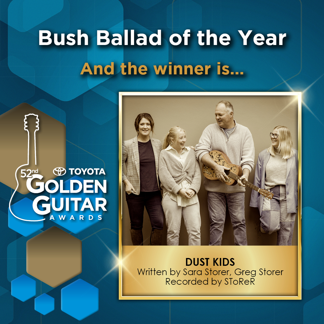 The winner for Bush Ballad of the Year is SToReR for “Dust Kids” written by Sara Storer, Greg Storer. #GoldenGuitars #TCMF2024