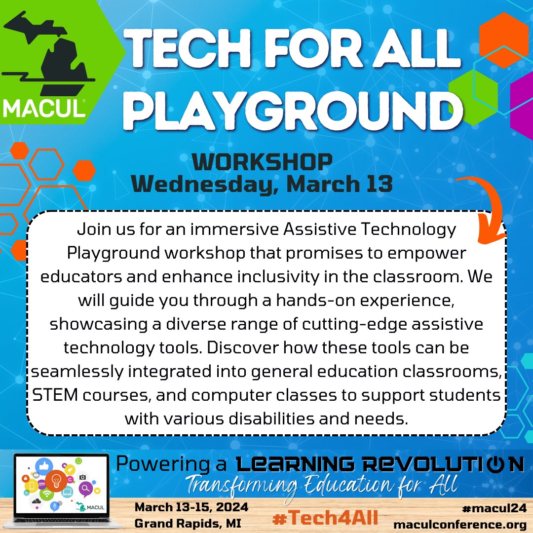 Let's go! #Tech4All is hosting a #MACUL24 playground to explore, discover, and experience an inclusive learning experience. Signup now! <a href="/MACUL/">MACUL</a> #ATchat #assistivetech #edtech #edchat maculconference.org/conference-wor…