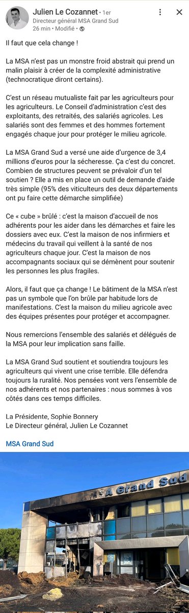 ✍️✍️ Un texte fort et puissant signé par  Sophie Bonnery et Julien Cozannet (@LeCozannetJ,)  Présidente et Directeur général de la <a href="/MsaGrandSud/">MSA Grand Sud</a> 
À lire  ... 

#solidarite #accompagnement #mutualisme #implication #protection #aides #soutien #femmes #hommes #agriculture #sante #msa