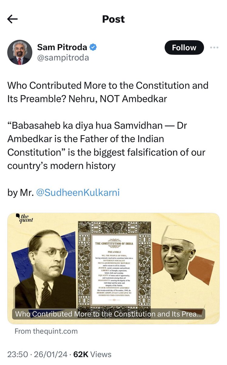 scribe_it's tweet photo. Pitroda is Cong advisor
And Sudherr Kulkarni is secular Brahmin that section of liberals love
Both amplifying nonsense that once peddled by another Brahmin Arun Shorie that Dr Ambedkar is not architect of constitution.
Good job Congresss
@RahulGandhi https://t.co/GqTytqliqR