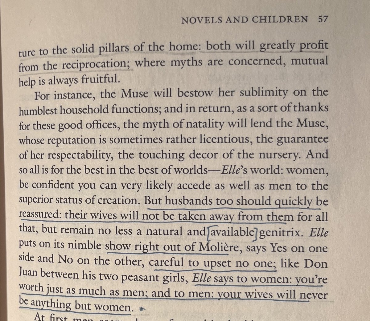 sensitive_bore's tweet image. this reminds me of a point roland barthes makes in “novels and children” about women writers &amp;amp; specifically about elle magazine’s coverage of them 

(mythologies, 1957, trans. richard howard)