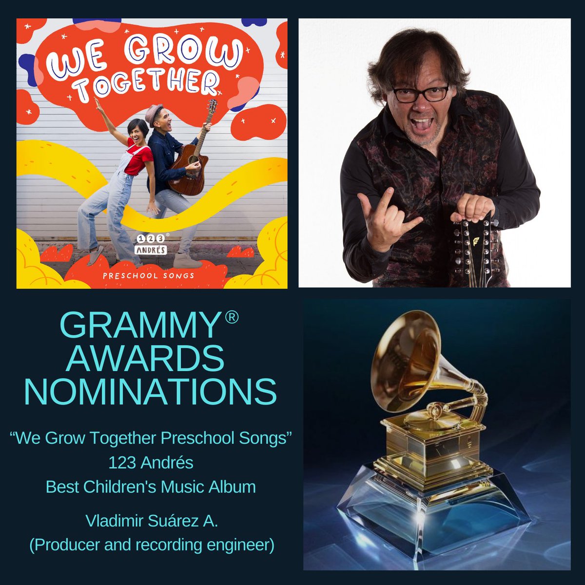Con trabajo y perseverancia siempre se puede llegar lejos! Estamos muy felices por esta nominación  de 123 Andres al Grammy..  ! No se pierdan este 4 de febrero desde Los Ángeles la premiere de los Grammy Awards 2024…. ¡Vamos por el
Otro! 🤗