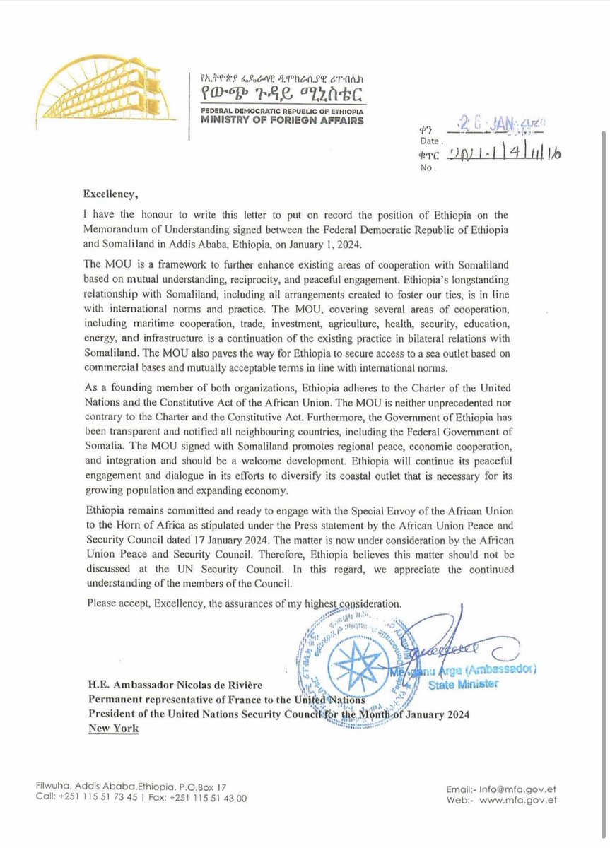 #UPDATE: The Ministry of Foreign Affairs of the Ethiopian government has sent a letter to the President of the UN Security Council saying that before the signing of the MoU with Somaliland, they informed the Federal Government of Somalia. The document, seen by Gaylan Media, said…