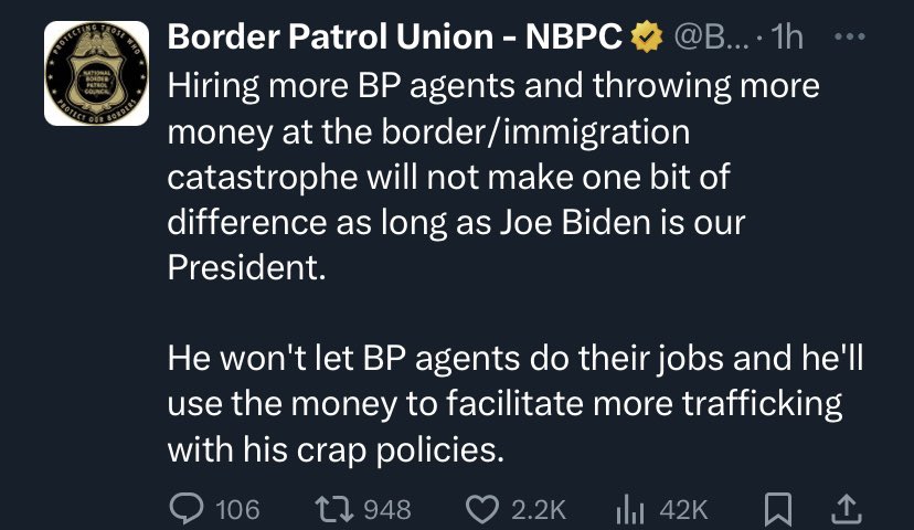 SteveLovesAmmo's tweet photo. The Border Patrol Union just went OFF on Joe Biden. 🚨🚨

Joe Biden is undoubtedly the biggest human and drug trafficker in American history. 

@BPUnion https://t.co/1eGV5DAqHP