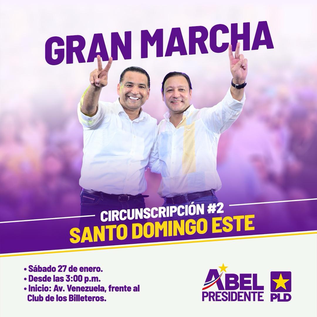 ESPEREN HOY:

Que #SDEmarcha junto a nuestro próximo Presidente Abel Martínez, #LuisAlbertoAlcalde y los candidatos del #PLDconAbel

📍Nos Vemos en la Avenida Venezuela, casi frente al Club de los Billeteros. 

A las ⏰3:00 p.m.

¡SDE VOTA #MoraoEnTodo! 💜