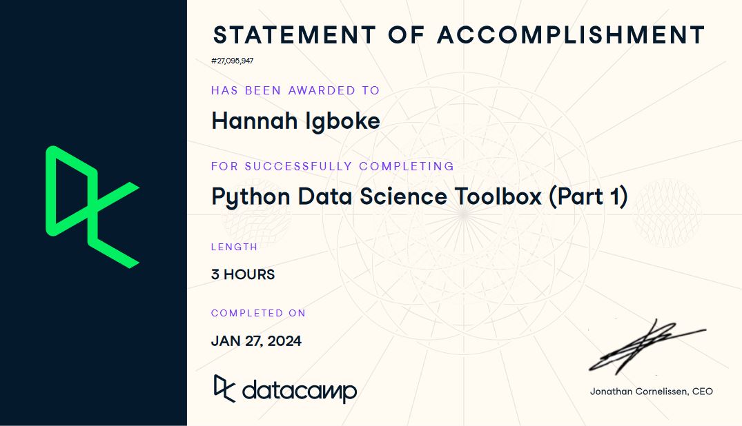 IgbokeHannah's tweet photo. Day 87✍️
In the Python Data Science Toolbox course, I learned to create functions with default (*args) and flexible (**kwargs) arguments,utilize lambda functions for quick function creation, & manage errors with try and except statements.
#Pythonista
#consistencyprojectwithWiDA https://t.co/CrfOez51lh