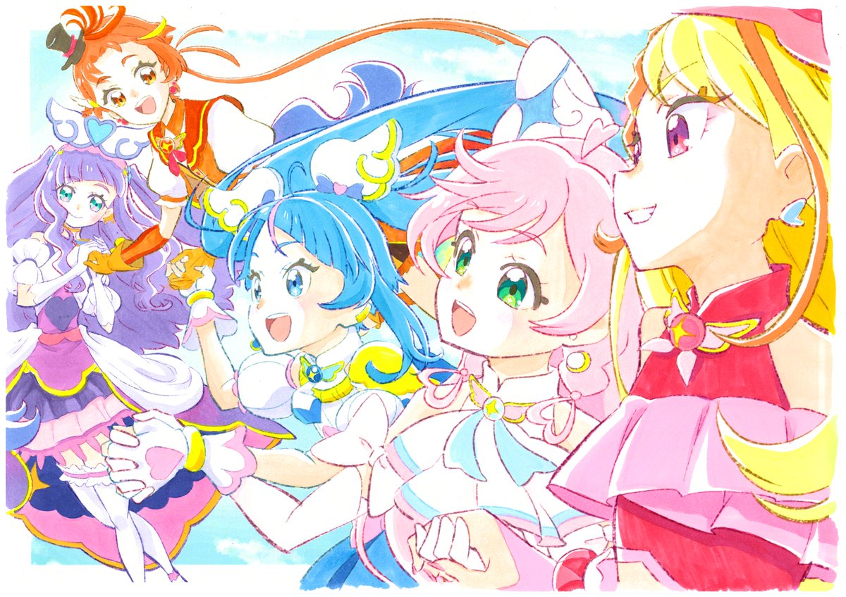 cure sky ,nijigaoka mashiro ,sora harewataru multiple girls 5girls blue hair blonde hair earrings gloves long hair  illustration images