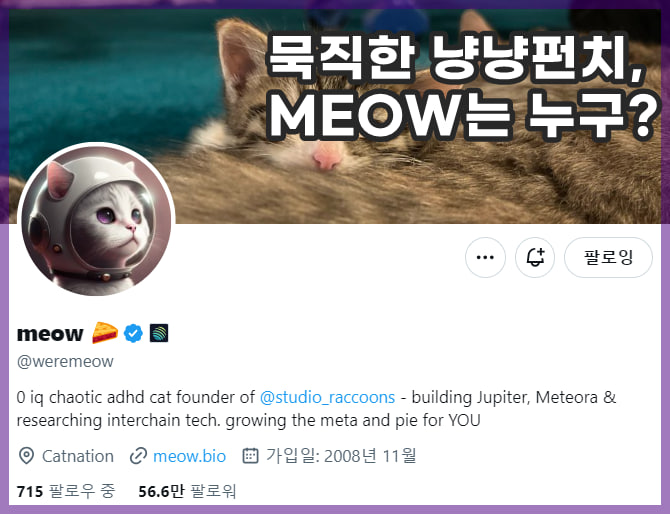 [🐱MEOW을 알아보자, 아주 살짝만]

- 닉네임이 MEOW(야옹이), 매번 미친 고봉밥으로 꾹꾹 눌러담는 엄청난 장문으로 글을 쓰는게 일종의 밈처럼 되어가는 친구.

- 특유의 살랑거리는 포근한 말투로 글을 쓰는데, 기본적으로 점잖고 글이 너무 재밌음. 읽고싶은 글을 쓰는 개발자는 정말 귀한데