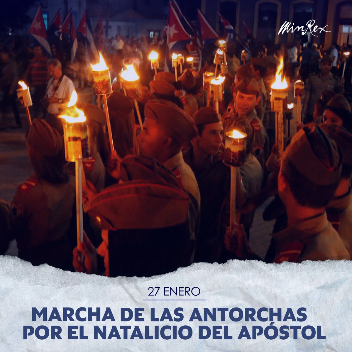 CubaMINREX's tweet photo. Este 27 de enero, como cada año en #Cuba 🇨🇺, la Marcha de las Antorchas hará su tradicional recorrido desde  la escalinata de la Universidad hasta la Fragua Martiana, sitio de las antiguas canteras en las que José Martí sufrió martirio por su patriotismo.

#MartíVive https://t.co/fqNs87tvbf
