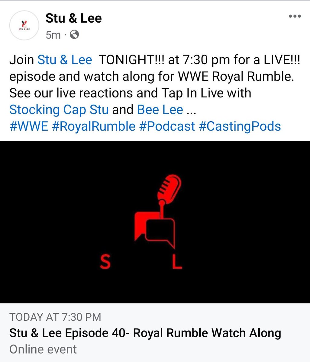 StuandLee313's tweet photo. Join @StuandLee313 TONIGHT!!! at 7:30 pm for a LIVE!!! episode and watch along for WWE Royal Rumble. See our live reactions and Tap In Live with @StockingCapStu and @BeeLee313...
#WWE #RoyalRumble #WWERoyalRumble #CastingPods https://t.co/ZAVKqwT2Mb