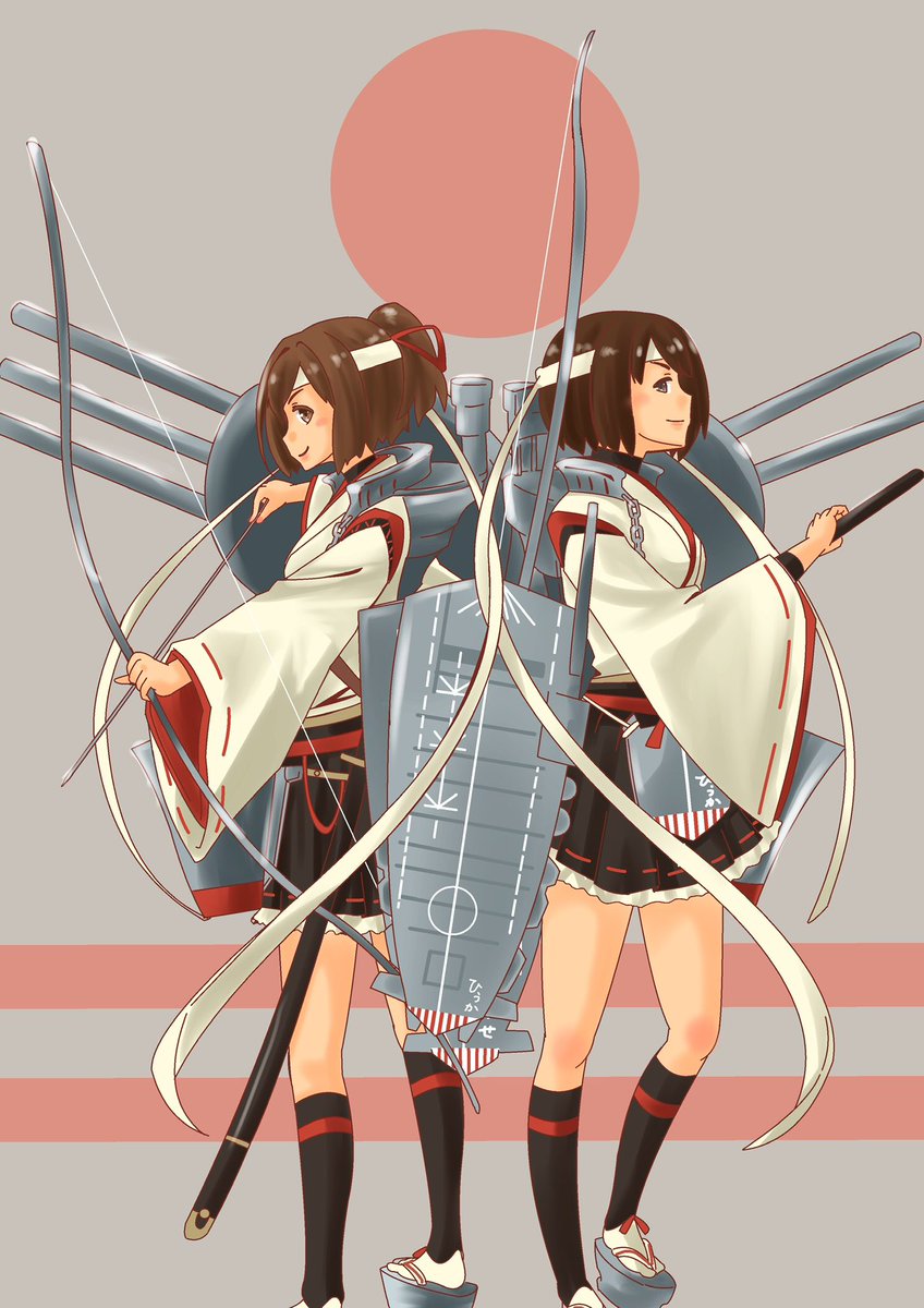 hyuuga (kancolle) ,ise (kancolle) multiple girls 2girls weapon brown hair sword japanese clothes skirt  illustration images
