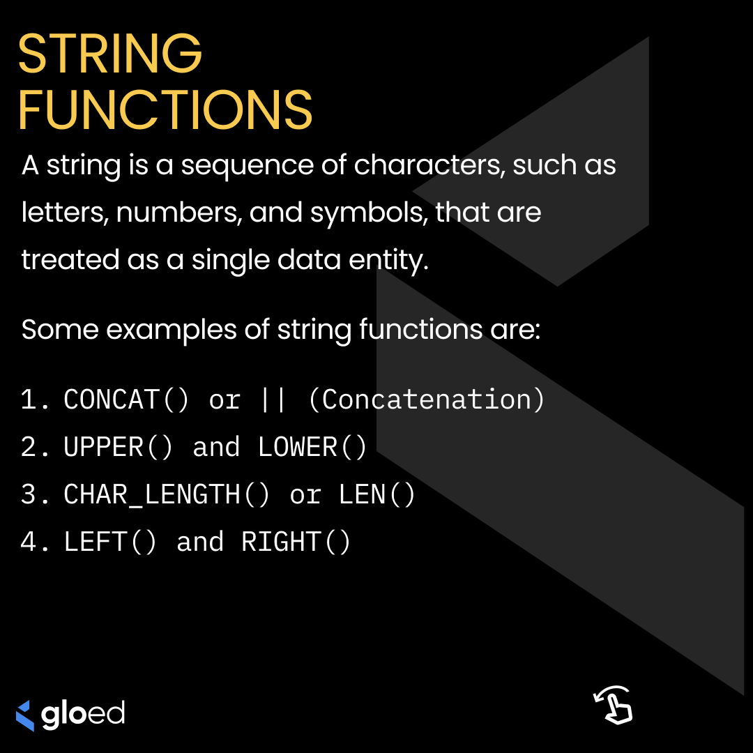 gloed_co's tweet image. Unlocking the Power of SQL Functions: Your Essential Toolkit for String Manipulation and Beyond! Whether it's CONCAT(), LEN(), or UPPER() – dive into the world of SQL functions to craft powerful queries and streamline data analysis. #SQLFunctions #DataManipulation #gloed #TechEd