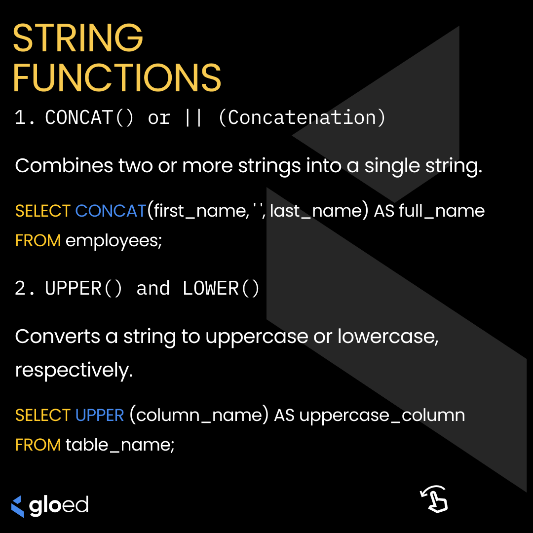 gloed_co's tweet image. Unlocking the Power of SQL Functions: Your Essential Toolkit for String Manipulation and Beyond! Whether it's CONCAT(), LEN(), or UPPER() – dive into the world of SQL functions to craft powerful queries and streamline data analysis. #SQLFunctions #DataManipulation #gloed #TechEd