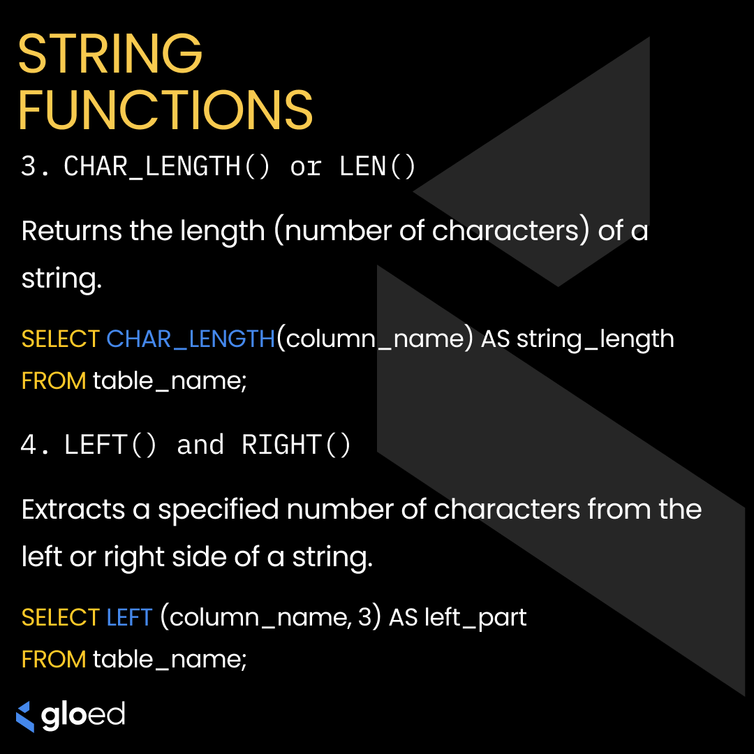 gloed_co's tweet image. Unlocking the Power of SQL Functions: Your Essential Toolkit for String Manipulation and Beyond! Whether it's CONCAT(), LEN(), or UPPER() – dive into the world of SQL functions to craft powerful queries and streamline data analysis. #SQLFunctions #DataManipulation #gloed #TechEd