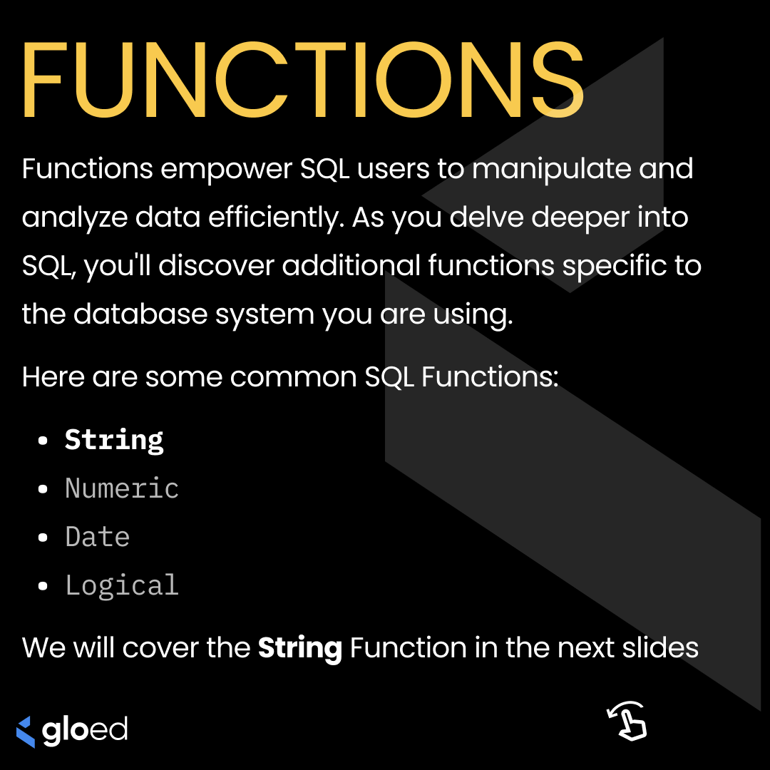 gloed_co's tweet image. Unlocking the Power of SQL Functions: Your Essential Toolkit for String Manipulation and Beyond! Whether it's CONCAT(), LEN(), or UPPER() – dive into the world of SQL functions to craft powerful queries and streamline data analysis. #SQLFunctions #DataManipulation #gloed #TechEd