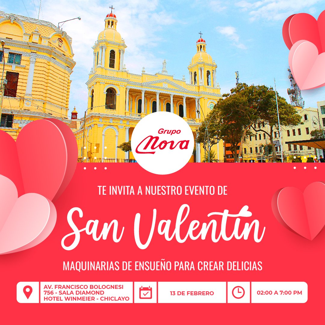 gruponovape's tweet photo. ¿Ya están pensando que hacer en San Valentin?💘😍
Grupo Nova festeja el día del amor en Chiclayo.  ¡No puedes perdertelo, maquinaria de ensueño sorpresas y mucho más! 
Ingresa a nuestra página web para inscribirte y asegurar tu lugar.
 💘
#SanValentin #Peru #Chiclayo https://t.co/8T3pe2zJYm