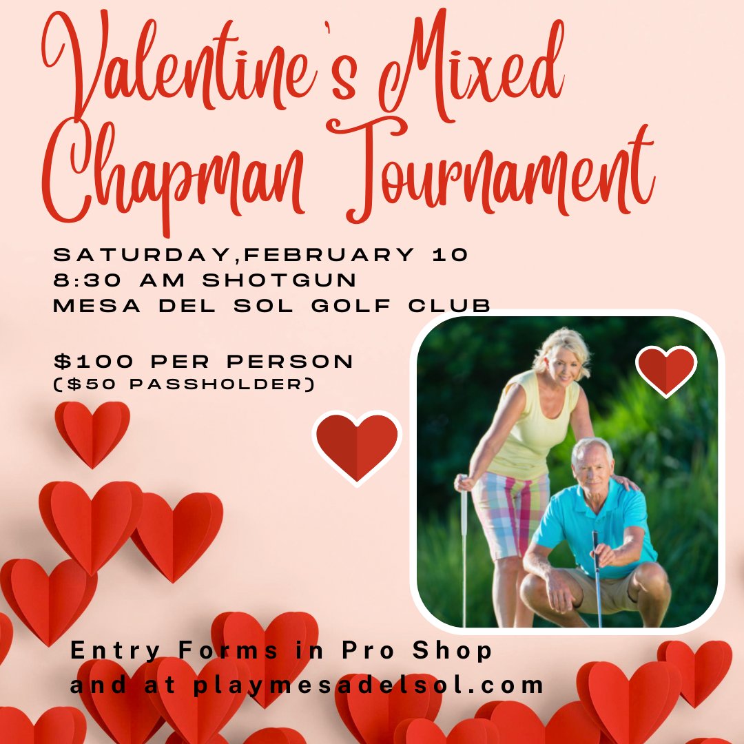 mesadelsolgolf1's tweet image. Celebrate Valentine's Day this year on the Golf Course with that special someone.  Our Valentine's Mixed Chapman Couples Tournament is on Saturday, February 10th.  Entry forms are in the Pro Shop and online at playmesadelsol.com/events/ #mesadelsol #yumagolf #valentines