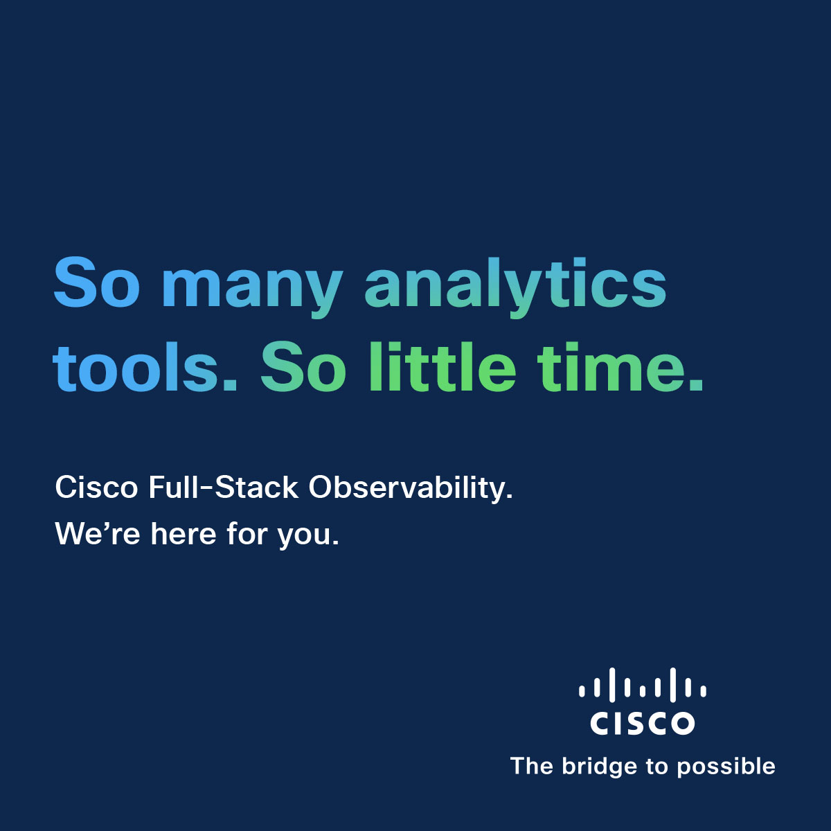 c_canfield's tweet photo. So many analytics tools. So little time. Cisco full-stack observability moves beyond domain monitoring into full-stack visibility, insights, and actions across the technology stack in the multi-cloud environment.

Learn more at https://t.co/te9G5iNlis https://t.co/H9klDnZwCi
