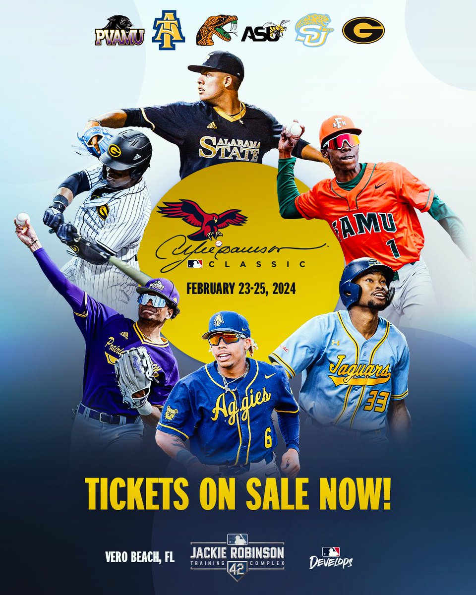MLBDevelops (@mlbdevelops) on Twitter photo Celebrate the start of the 2024 HBCU baseball season by attending the Andre Dawson Classic at the <a href="/JRTC42/">Jackie Robinson Training Complex</a> from February 23rd through 25th‼️🦅
Watch six of the top D1 HBCU programs in the country compete in <a href="/MLB/">MLB</a>’s annual invitational tournament🔥⚾
Tickets now available ➡️ Celebrate the start of the 2024 HBCU baseball season by attending the Andre Dawson Classic at the <a href="/JRTC42/">Jackie Robinson Training Complex</a> from February 23rd through 25th‼️🦅
Watch six of the top D1 HBCU programs in the country compete in <a href="/MLB/">MLB</a>’s annual invitational tournament🔥⚾
Tickets now available ➡️