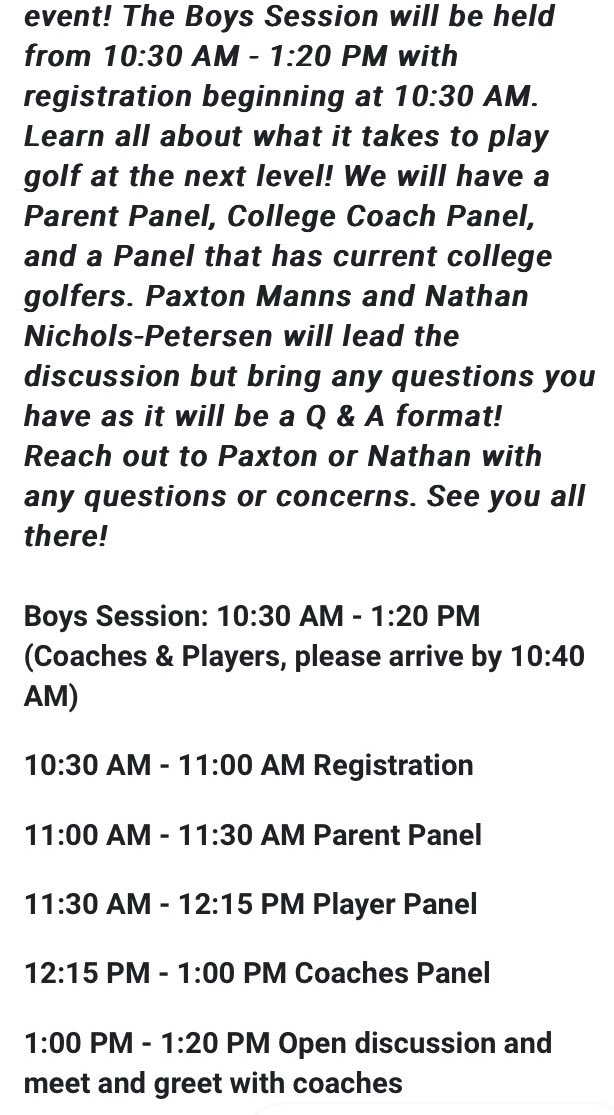 If you are an Indiana junior golfer or parent of a player, this is the most informative seminar about college golf. Gain perspective from parents, players and coaches. See you all tomorrow! @IndianaGolf @injrgolf @indianahsgolf