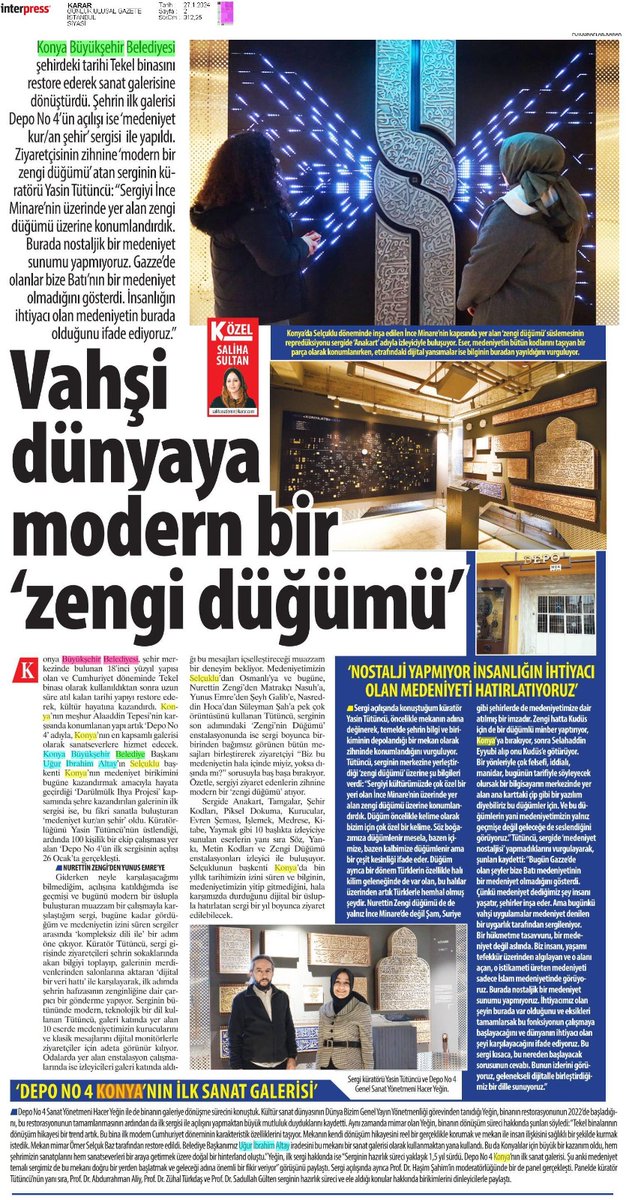Depo No.4 Sanat Galerimiz'in misyonu/vizyonu ve Medeniyet Kur/an Şehir sergimizin ihtivasına dair Karar Gazetesi'nden Saliha Sultan ile söyleştik.
<a href="/SalihaSultan/">Saliha Sultan</a>
<a href="/Konyabuyuksehir/">Konya Büyükşehir Belediyesi 🇹🇷</a>
<a href="/DepoNo_4/">DepoNo.4</a>
karar.com/kultur-sanat-h…