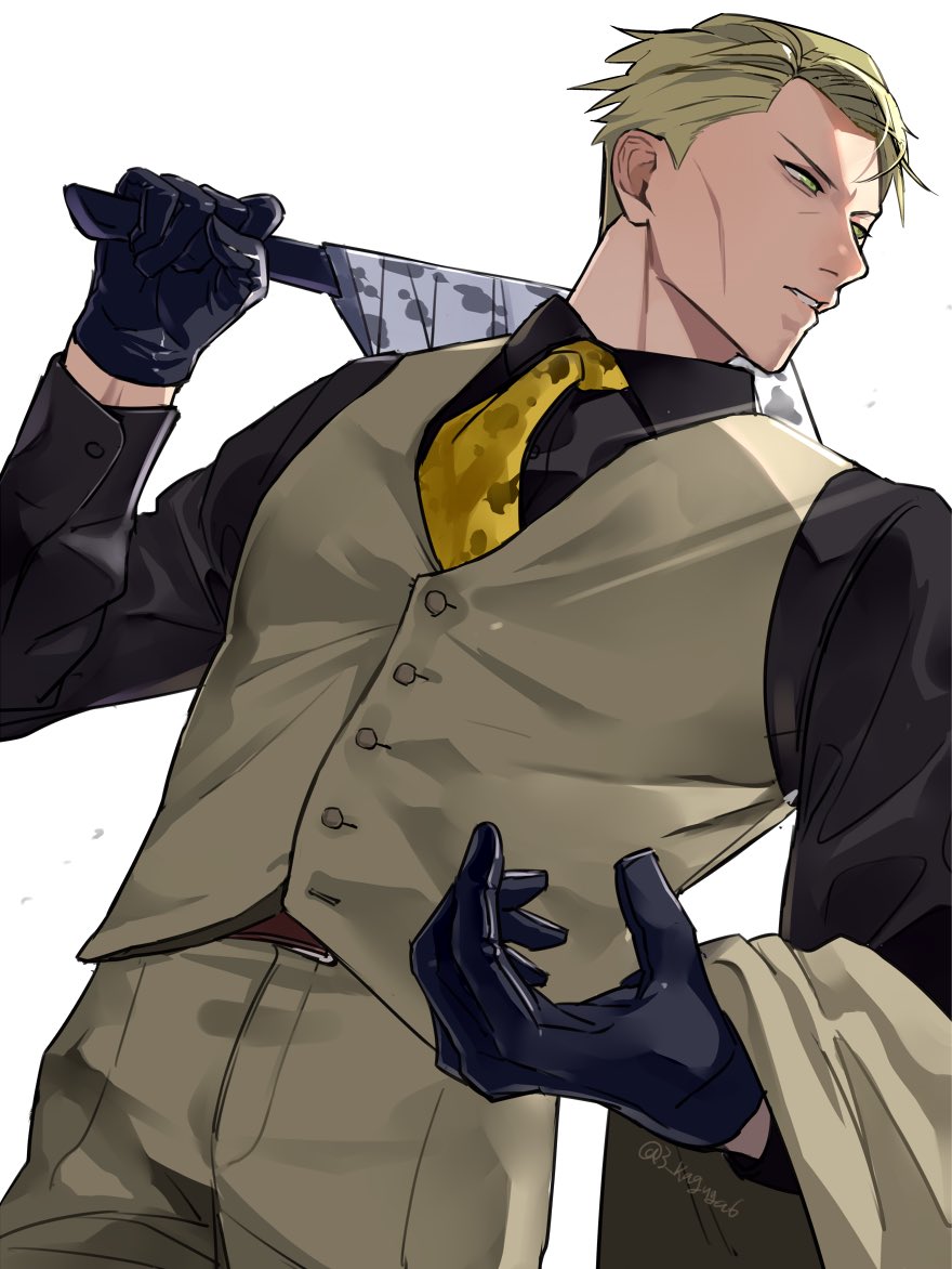 nanami kento yellow necktie necktie 1boy male focus vest shirt solo  illustration images