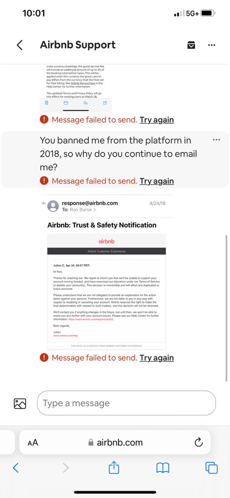 RonTBurse's tweet photo. I guess I have time this morning. @AirbnbHelp why do you continue to email me when you banned me in 2018 for no logical reason beyond the “Florida man” I tried to book through must not wanted my money? https://t.co/wgT2Wn6PmV