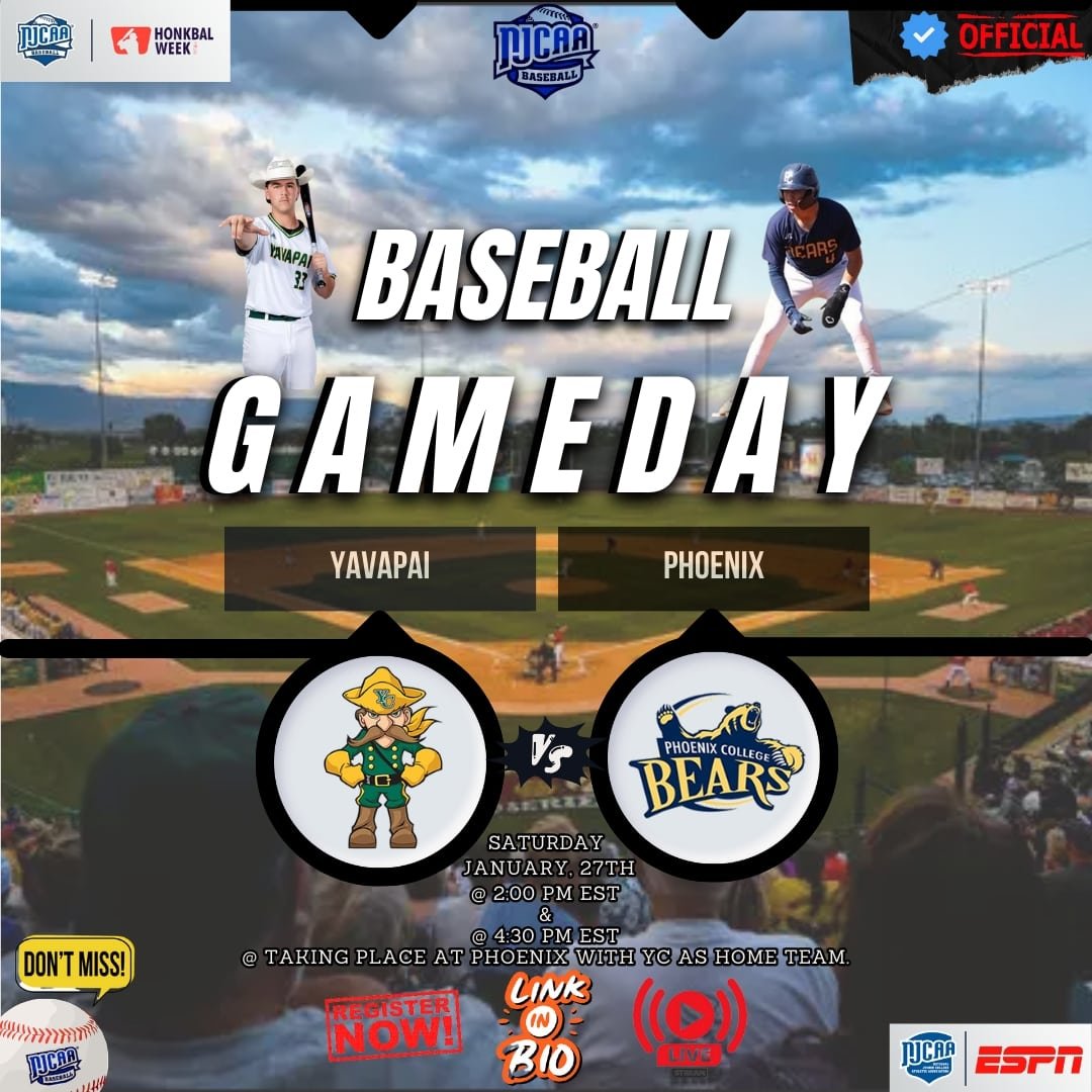 NJCAABaseball24's tweet photo. Phoenix 🆚 Yavapai
🗓️ Saturday,January 27, 2024
⏰ 2:00 PM EST &amp; 4:00 PM EST
Live on :https://t.co/8DhiUwfnR7

@PC_Bears @kimballk11 @PCAZ_Baseball @YavapaiCollege @YavapaiBaseball @OleRuff6 @pwoody29 https://t.co/TrMjcuIIa6