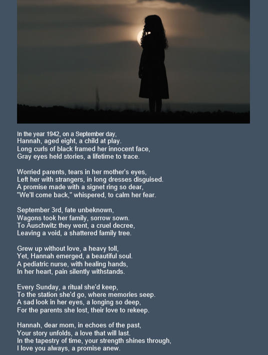 As anti-Semitism rises amid Israel-Hamas conflict, I, a Jewish daughter of deportees, share a poignant poem this Saturday, January 27, International Holocaust Remembrance Day.Let's remember the past to prevent hatred and violence in the future. #HolocaustRemembrance #NeverForget