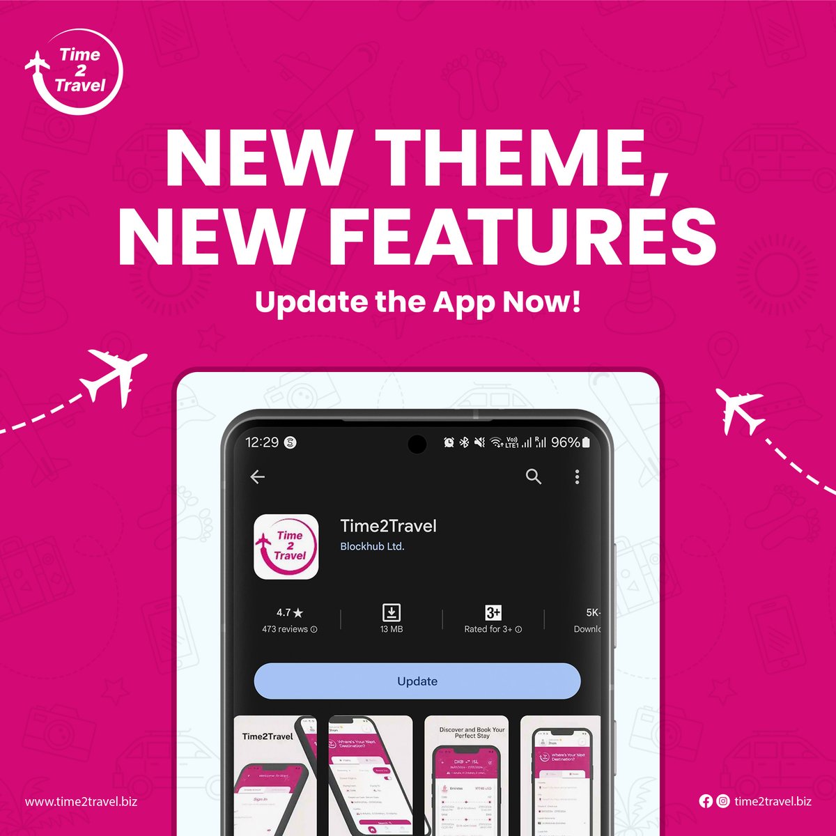 Embrace the future of travel! ✈️🌟 Time2Travel introduces a fresh theme and exciting new features. 

#Time2Travel #AppUpdate #TravelInStyle #NewFeatures #EnhancedExperience #UpdateNow #ExploreWithUs #TravelTech #DigitalTravel #InnovationInTravel #TravelApp #AdventureAwaits