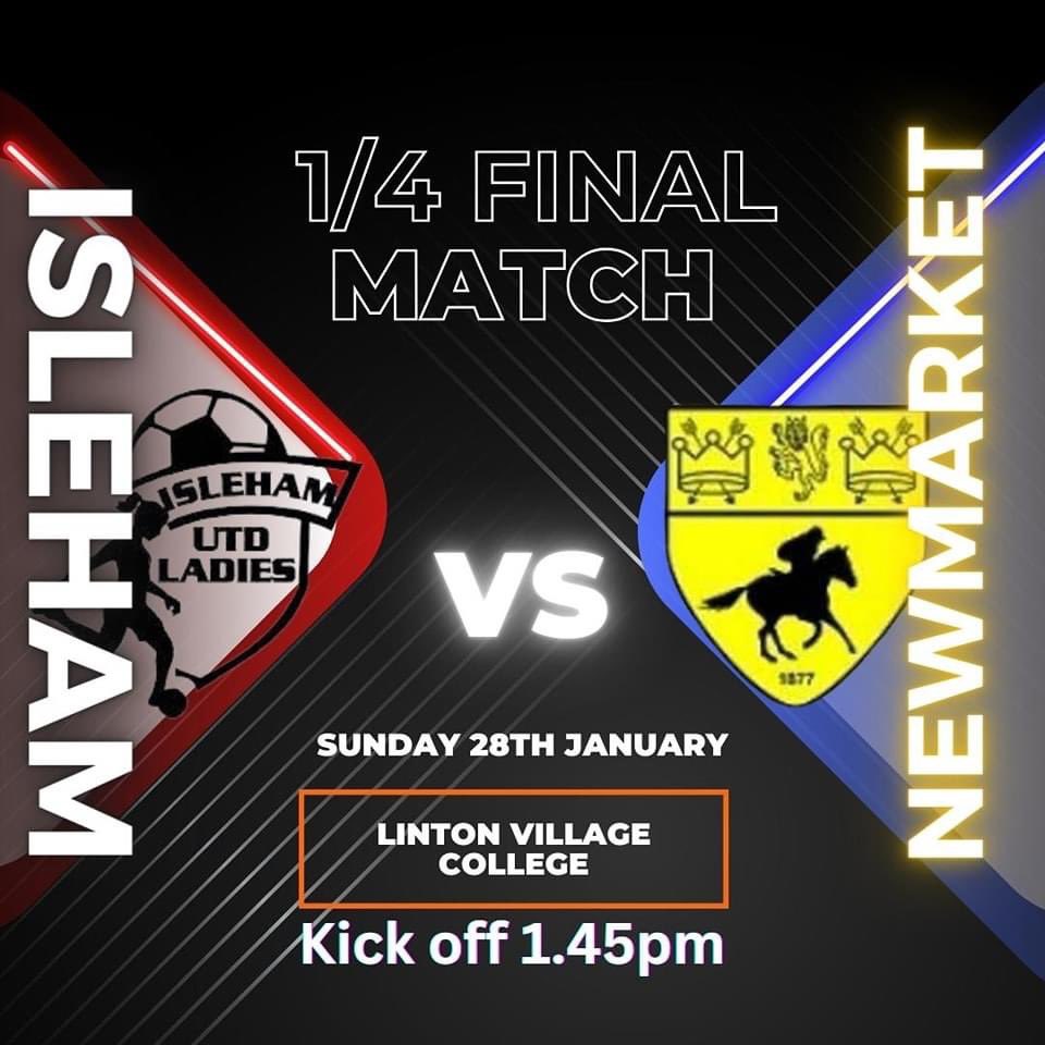 The ladies play in the quarter finals v Newmarket Development ⚽️🏆
Sunday 28th Jan
Linton Village College 
1:45pm KO 
⚫️⚪️