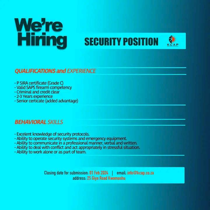 NthabelengDlam3's tweet photo. WE’RE HIRING ‼️
Security position alert. If you fit all the requirements, please do not hesitate to send through your CV to the email on poster or hand deliver it🙏🏾.
#hiring #securitypost #kcap #employment #kwamashu https://t.co/lwcHVjn8zH