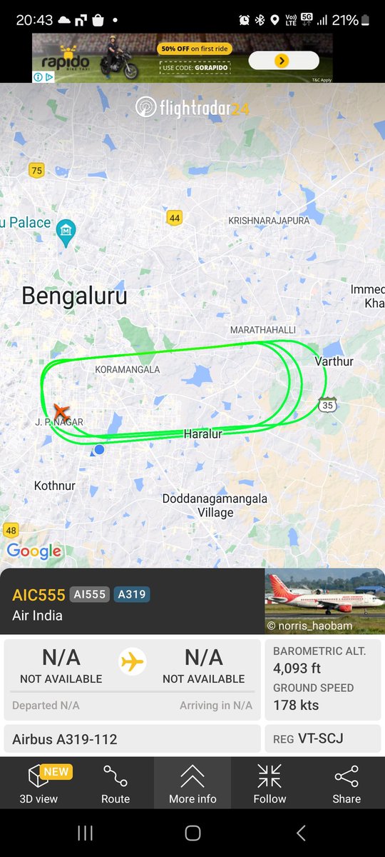 Reach_Sara1's tweet photo. @airindia @BLRAirport - flight flying very low above resident area in Bangalore??? https://t.co/gw7J2I8KYM